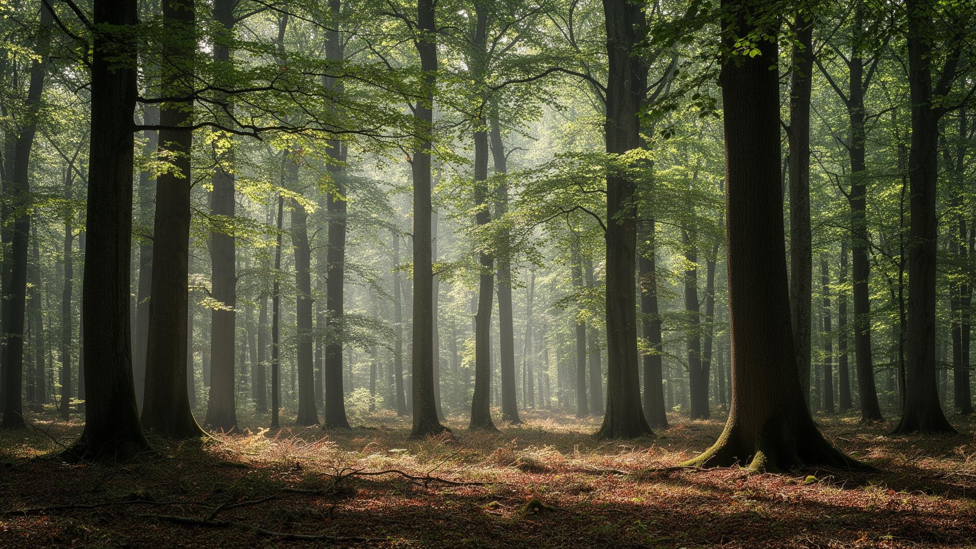 Zonlicht door een stil bos