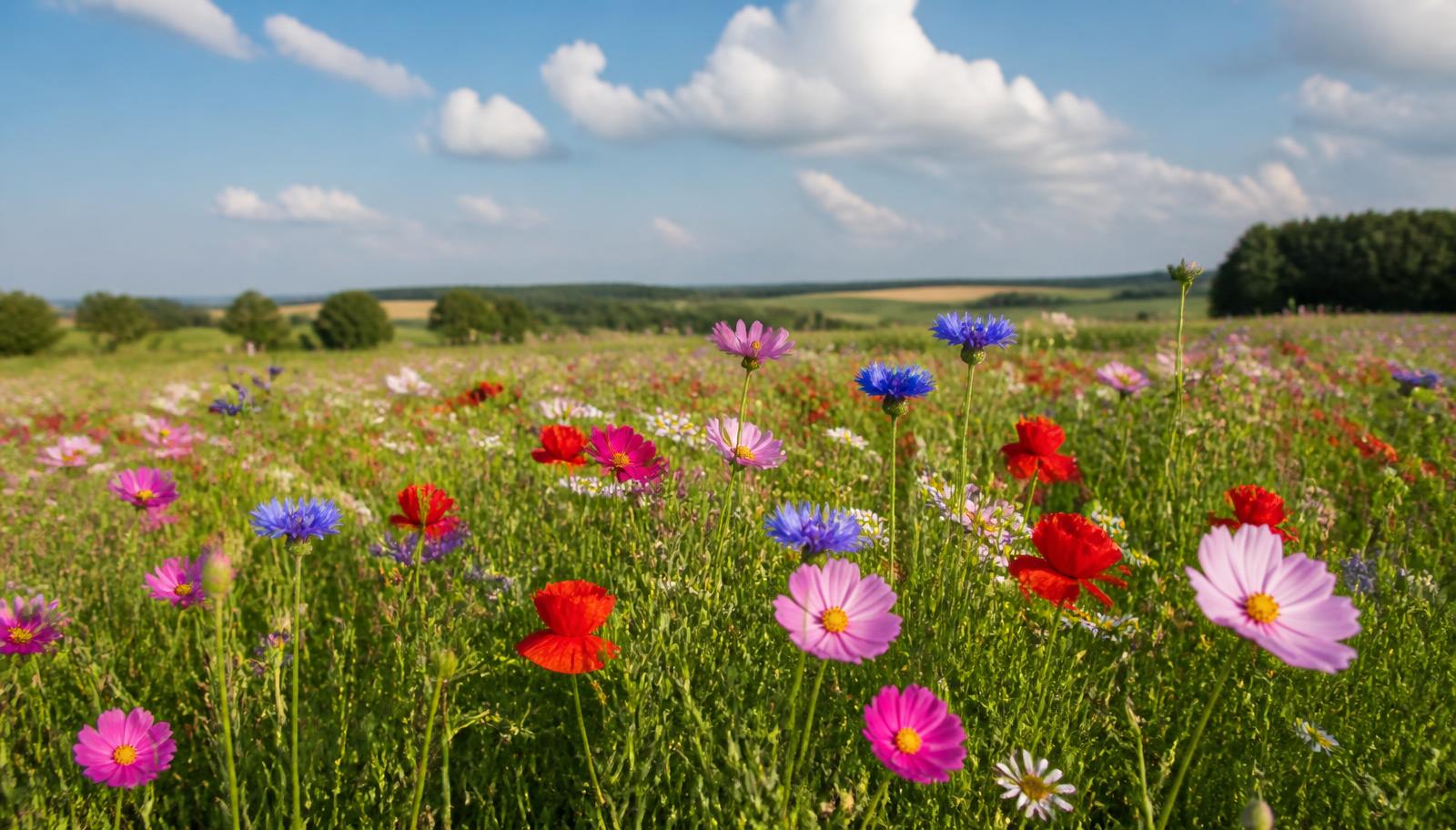 Bloeiende weide met kleurrijke seizoensbloemen in het zonlicht